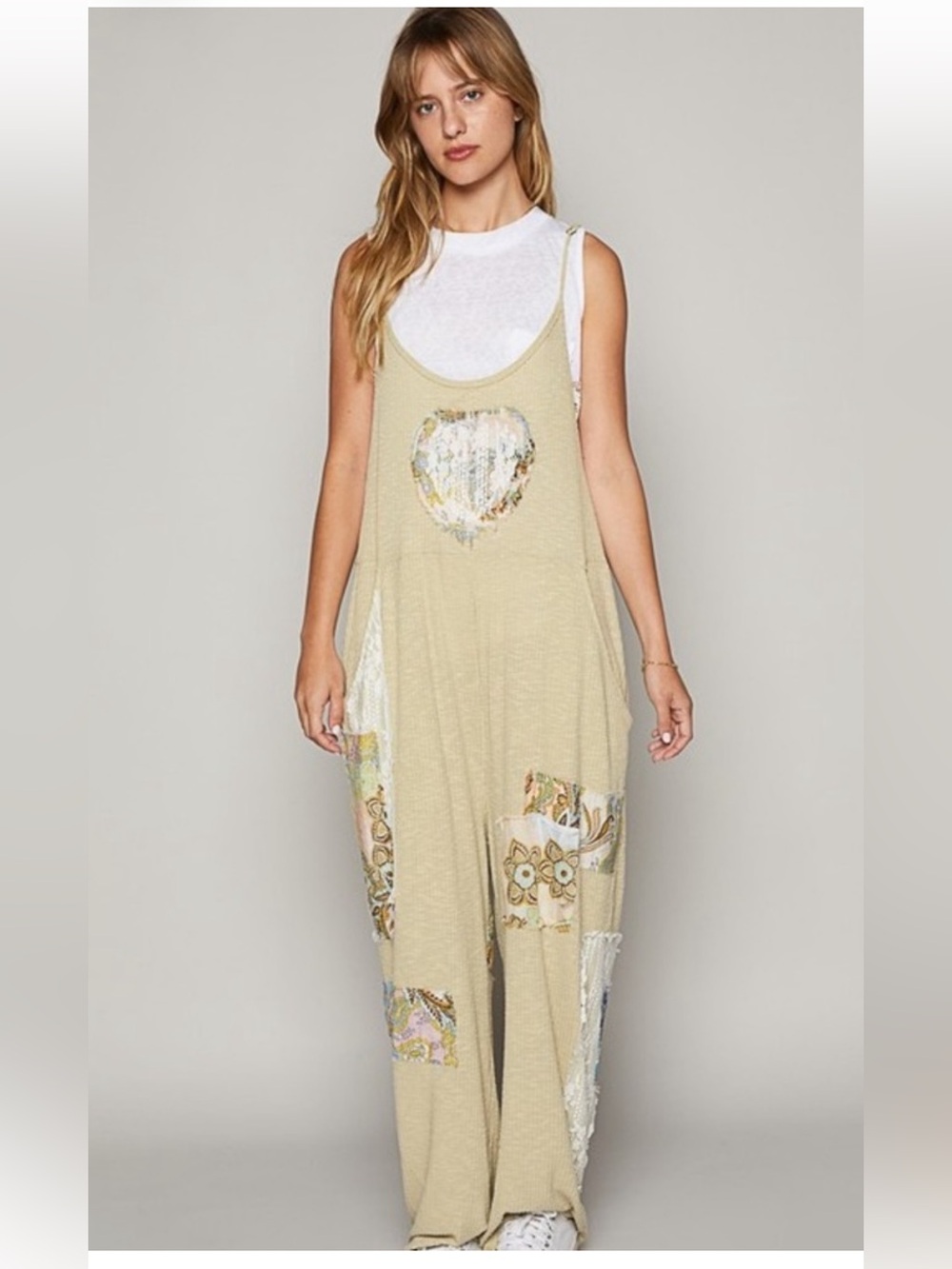 37. NWOT POL Light Sage Green Patchwork Scoop-Neck Knit Jumpsuit